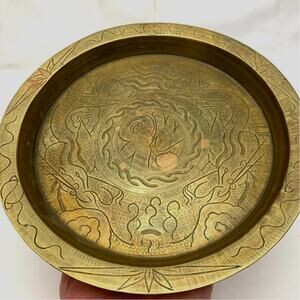 Antique Chinese Bronze Charger Plate Dragon Fire Breathing HEAVY Solid Brass